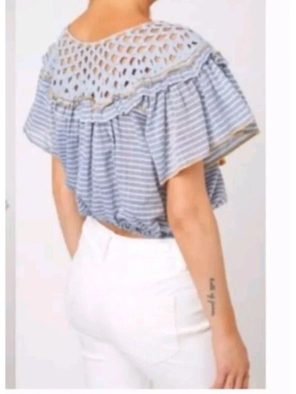Free People Medium Allora Blue Striped Ruffle Sleeve Crochet Cropped Shirt